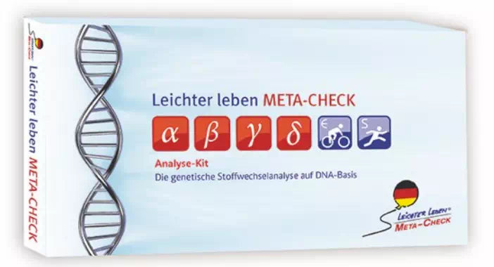 Das Meta-Check DNA Stoffwechselanalyse-Kit der Rosen Apotheke Manufaktur zeigt eine DNA-Helix und Aktivitätssymbole an, um Ihnen auf der Grundlage Ihrer DNA Einblicke in Ihren Stoffwechsel zu geben. Der deutsche Text sorgt für Authentizität und enthält Ernährungs- und Trainingsempfehlungen, symbolisiert durch die deutsche Flagge.