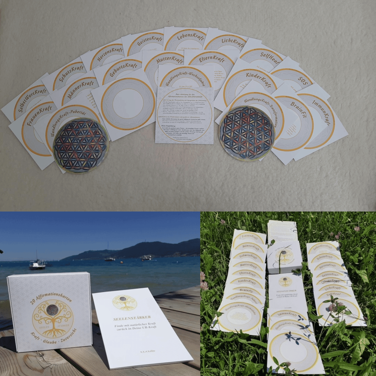 Drei Fotos zeigen das "Affirmationskarten Set - Seelenstärker" der Rosen Apotheke Manufaktur: runde Orakelkarten mit deutschem Text, ein Anleitungsheft und Kartenaufstellungen auf Gras und Holz in Wassernähe.