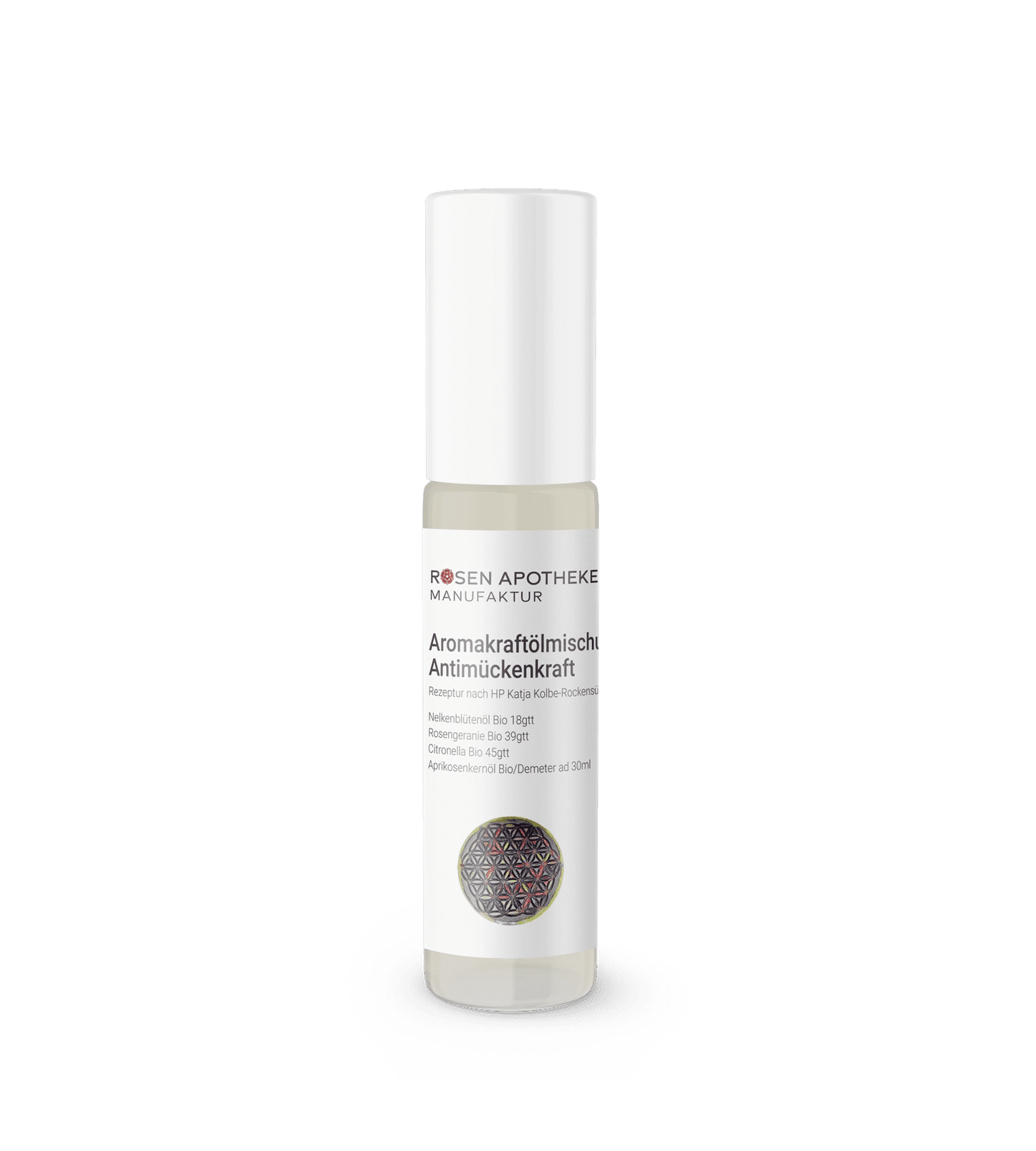 Eine Flasche Aromakraftölmischung Anitmückenkraft Serum von Rosen Apotheke Manufaktur auf weißem Hintergrund.