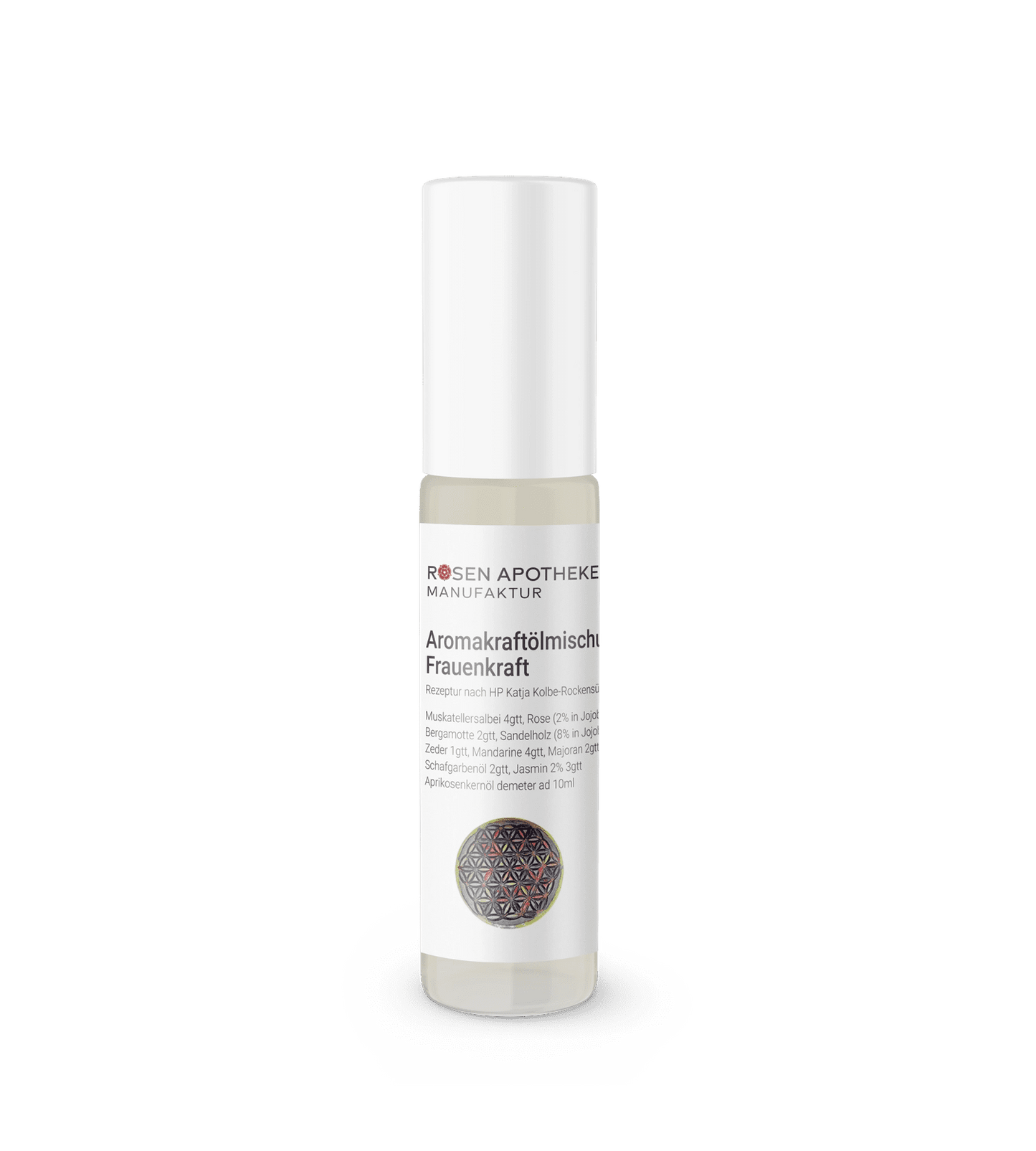 Eine Flasche Aromakraftölmischung Frauenkraft Serum von Rosen Apotheke Manufaktur auf weißem Hintergrund.