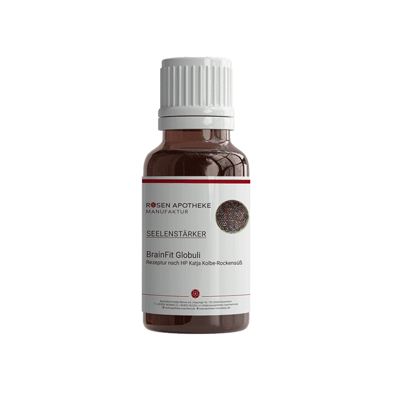 Eine Flasche Seelenstärker BrainFit Globuli mit einem Etikett der Rosen Apotheke Manufaktur.