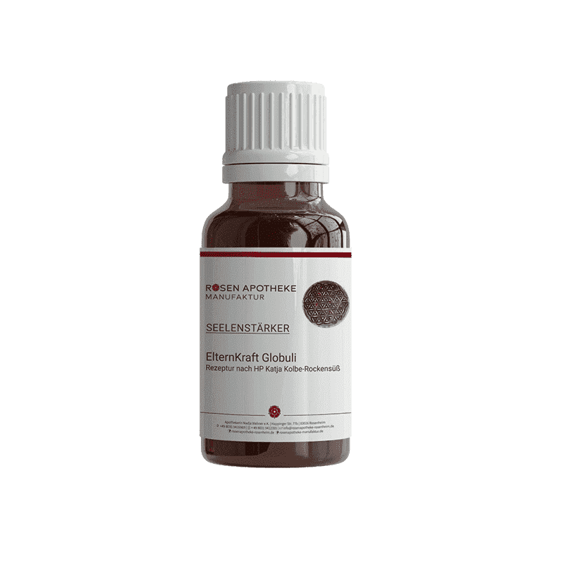 Ein Bild einer Flasche Seelenstärker ElternKraft Globuli mit rot-weißem Etikett der Rosen Apotheke Manufaktur.