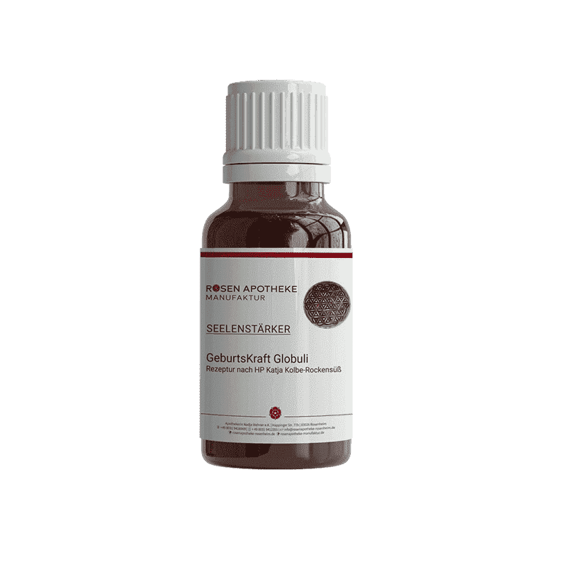 Ein Bild einer Flasche Seelenstärker GeburtsKraft Globuli der Rosen Apotheke Manufaktur.