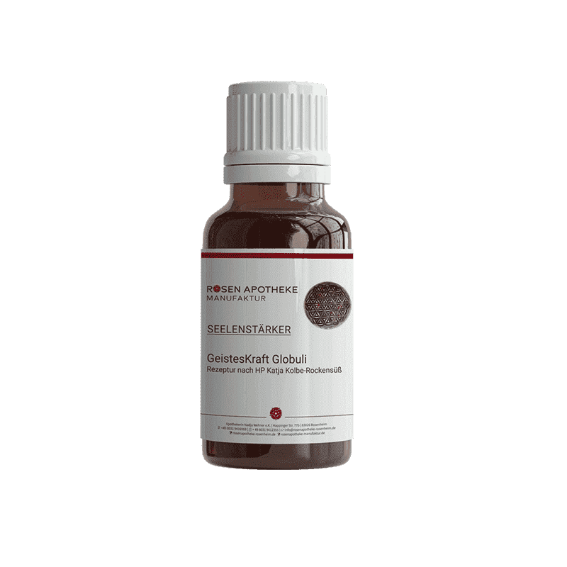 Ein Bild einer Flasche Seelenstärker GeistesKraft Globuli mit Etikett der Rosen Apotheke Manufaktur.