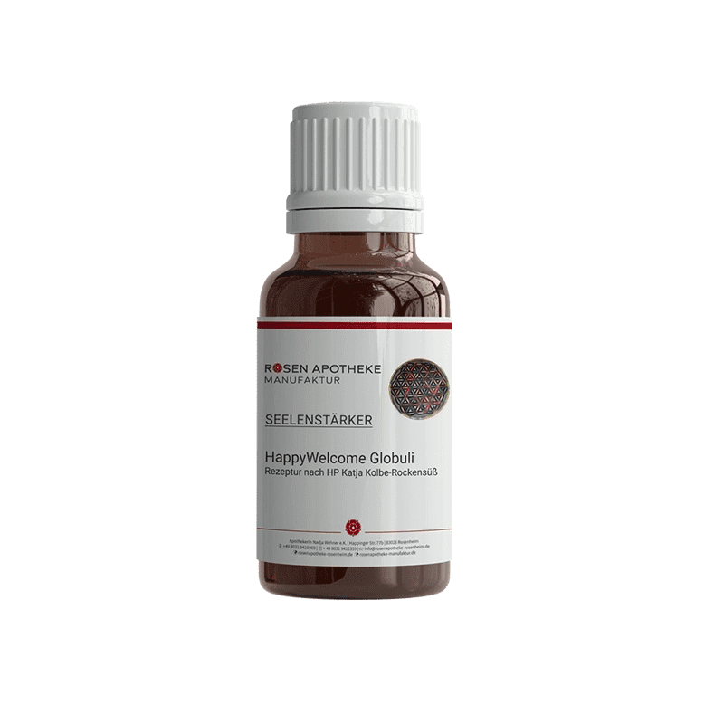 Eine Flasche Seelenstärker HappyWelcome Globuli mit roter Flasche und weißem Etikett der Rosen Apotheke Manufaktur.