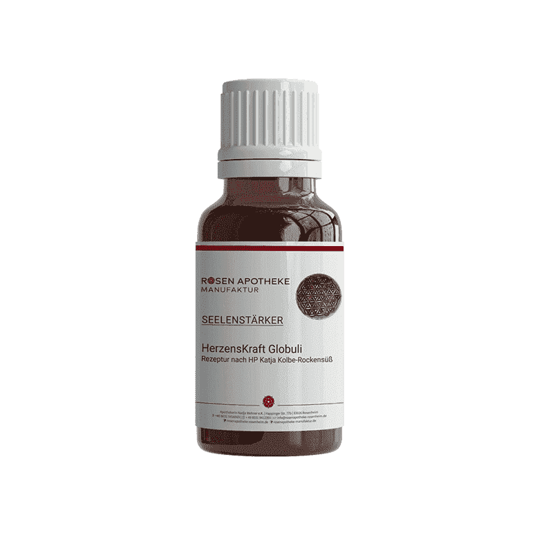 Eine Flasche Seelenstärker HerzensKraft Globuli der Rosen Apotheke Manufaktur auf weißem Hintergrund.