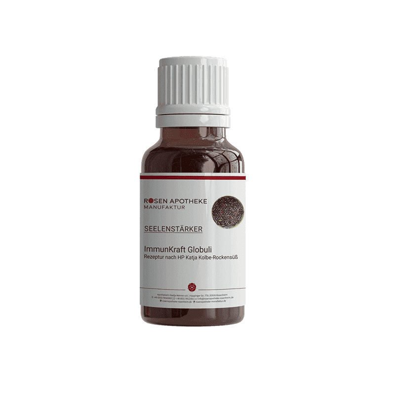Eine Flasche Seelenstärker ImmunKraft Globuli der Rosen Apotheke Manufaktur auf weißem Hintergrund.