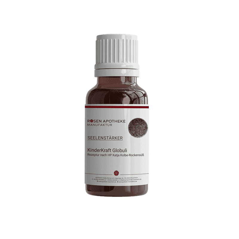 Eine Flasche mit Seelenstärker KinderKraft Globuli und einem weißen Etikett der Rosen Apotheke Manufaktur darauf.