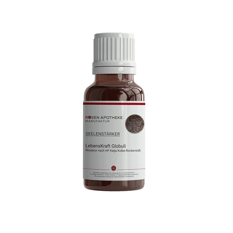 Eine Flasche Seelenstärker LebensKraft Globuli der Rosen Apotheke Manufaktur auf weißem Hintergrund.