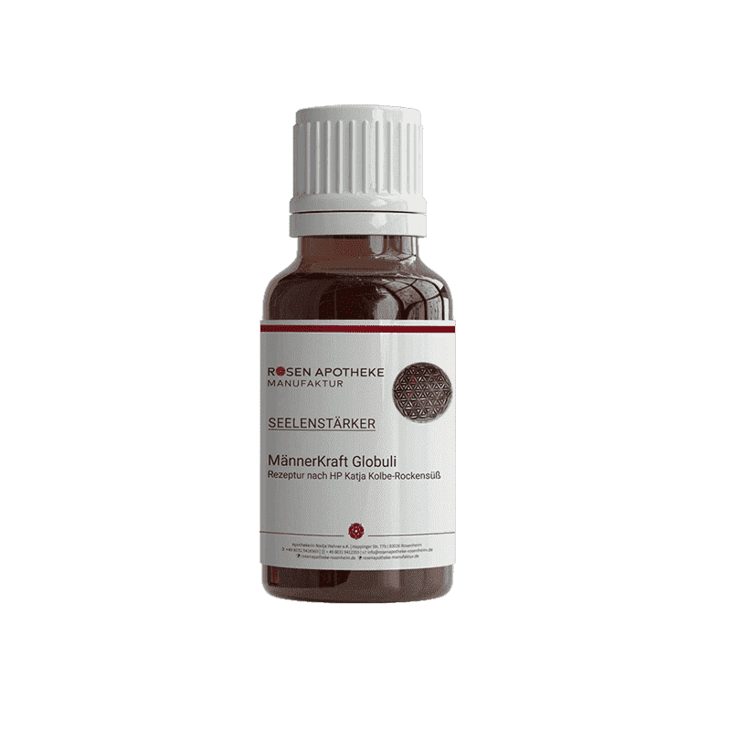 Eine Flasche Seelenstärker MännerKraft Globuli der Rosen Apotheke Manufaktur.