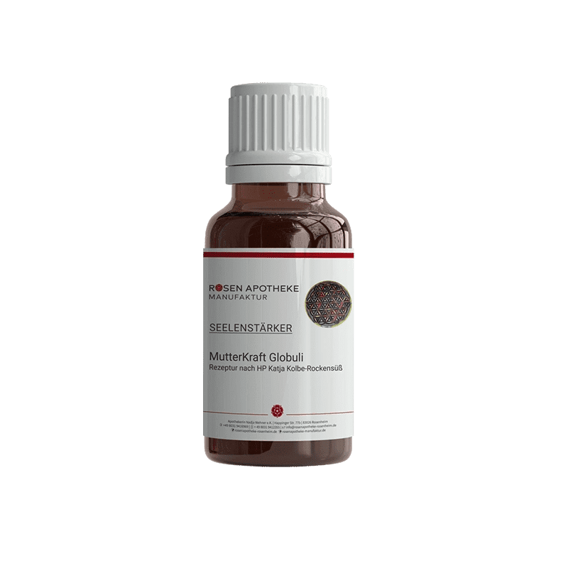 Eine Flasche Seelenstärker MutterKraft Globuli mit rotem Etikett der Rosen Apotheke Manufaktur.