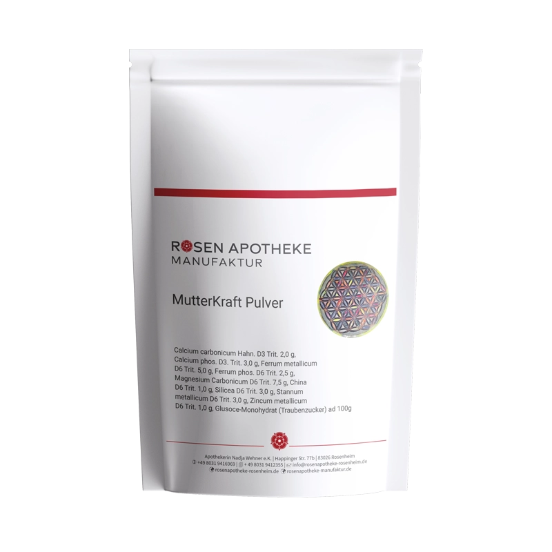 Eine weiße Tüte mit rotem Etikett Seelenstärker MutterKraft Pulver von der Rosen Apotheke Manufaktur.