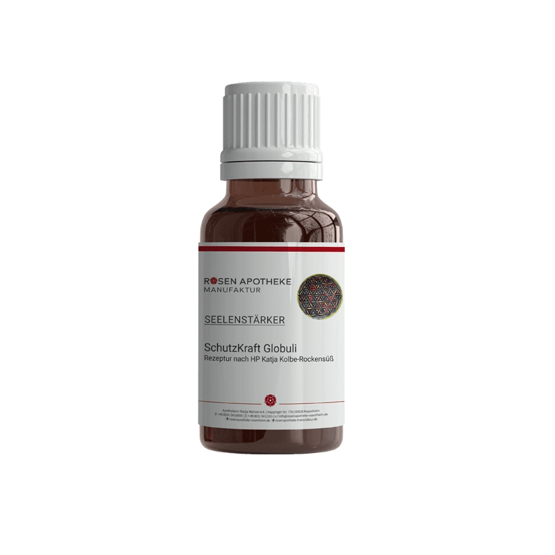 Eine Flasche Seelenstärker SchutzKraft Globuli der Rosen Apotheke Manufaktur auf weißem Hintergrund.
