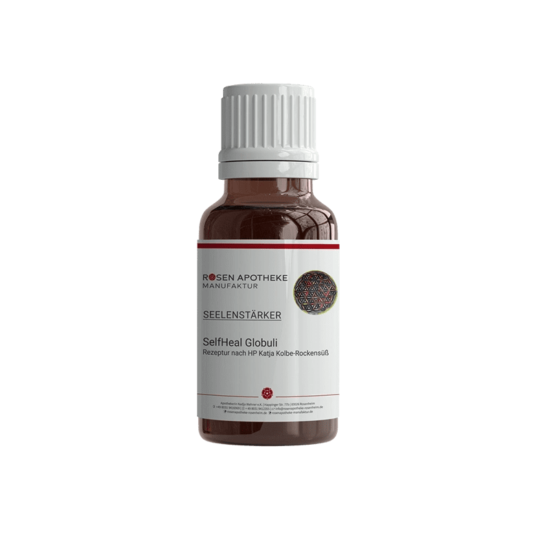 Ein Bild einer Flasche Seelenstärker SelfHeal Globuli von der Rosen Apotheke Manufaktur.