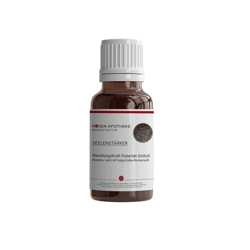 Eine Flasche Seelenstärker WandlungsKraft Pubertät Globuli der Rosen Apotheke Manufaktur mit brauner Flüssigkeit auf weißem Hintergrund.
