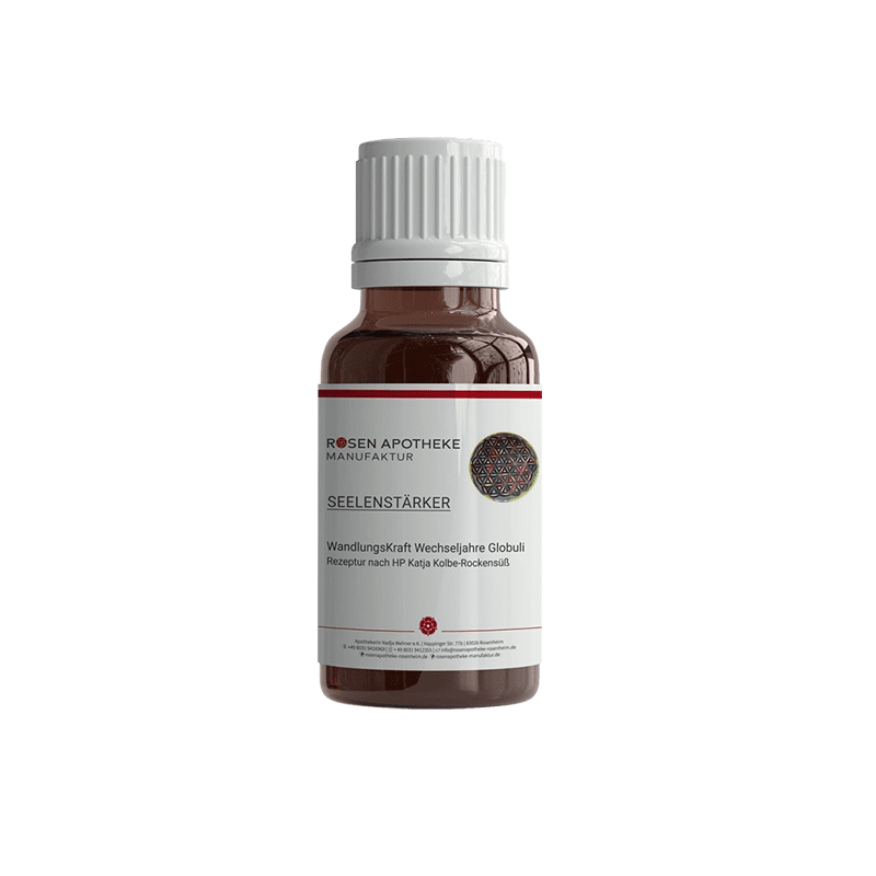 Eine Flasche Seelenstärker WandlungsKraft Wechseljahre (Frau) Globuli von Rosen Apotheke Manufaktur auf weißem Hintergrund.