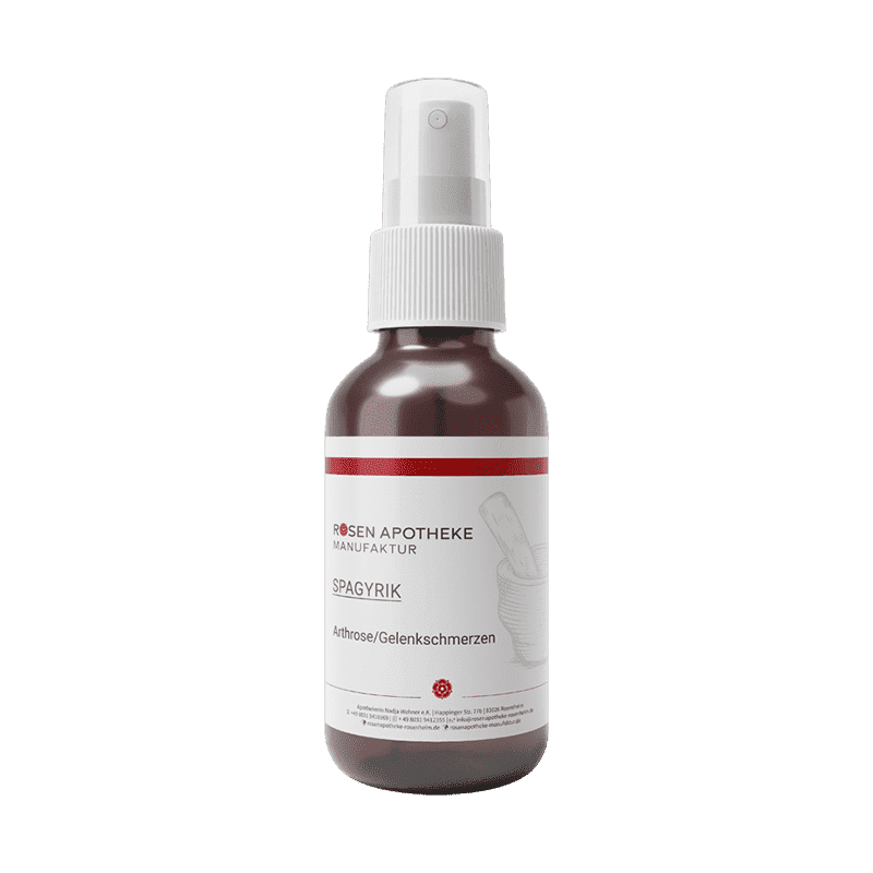 Eine spagyrische Arthrose/Gelenkschmerzen-Flasche mit einer rot-weißen Flasche auf weißem Hintergrund. (Markenname: Rosen Apotheke Manufaktur)