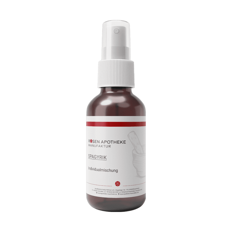 Eine Spagyrik-Individualmischungsflasche mit einer rot-weißen Flasche auf weißem Hintergrund. (Rosen Apotheke Manufaktur)