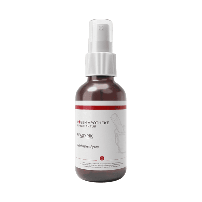 Ein Spagyrik-Reizhusten-Spray mit einer rot-weißen Flasche auf weißem Hintergrund. (Hergestellt von Rosen Apotheke Manufaktur)