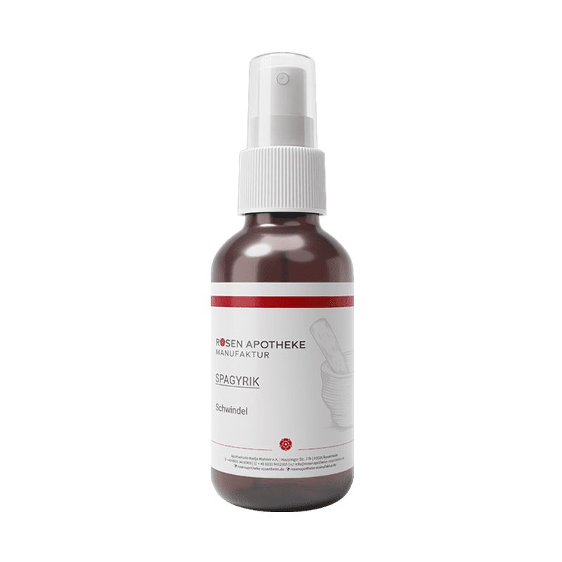 Ein Bild einer Flasche Rosen Apotheke Manufaktur Spagyrik Schwindel Spray.