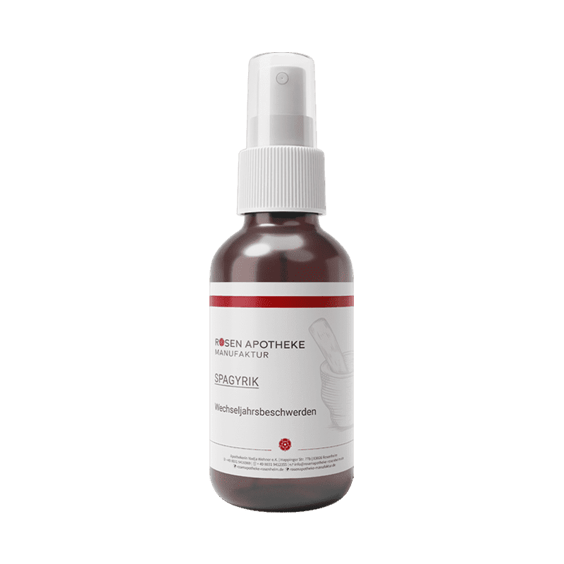Eine Flasche Spagyrik Wechseljahrsbeschwerden Spray von Rosen Apotheke Manufaktur auf weißem Hintergrund.