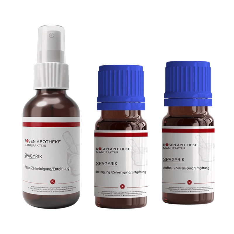 Eine Flasche mit blauer Sprühbasis für das Spagyrik Zellreinigung/Entgiftung Set und die Zellreinigung von Rosen Apotheke Manufaktur.