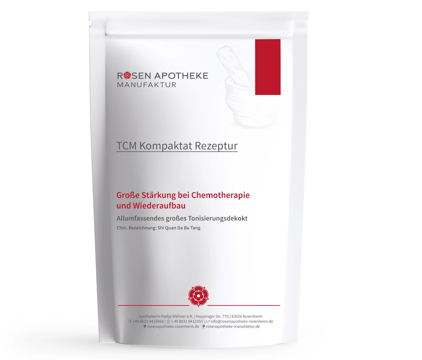 Eine Tüte Peeling-Pulver „Große Stärkung bei Chemotherapie und Wiederaufbau“ der Rosen Apotheke Manufaktur auf weißem Hintergrund.