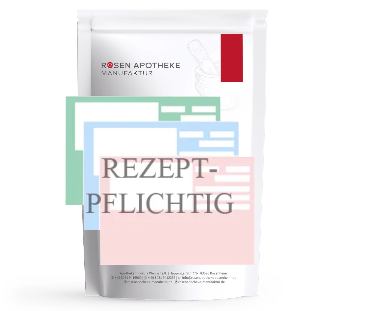Eine Tüte mit der Aufschrift „Wechseljahre – Kälte (rezeptpflichtig)“ der Rosen Apotheke Manufaktur.