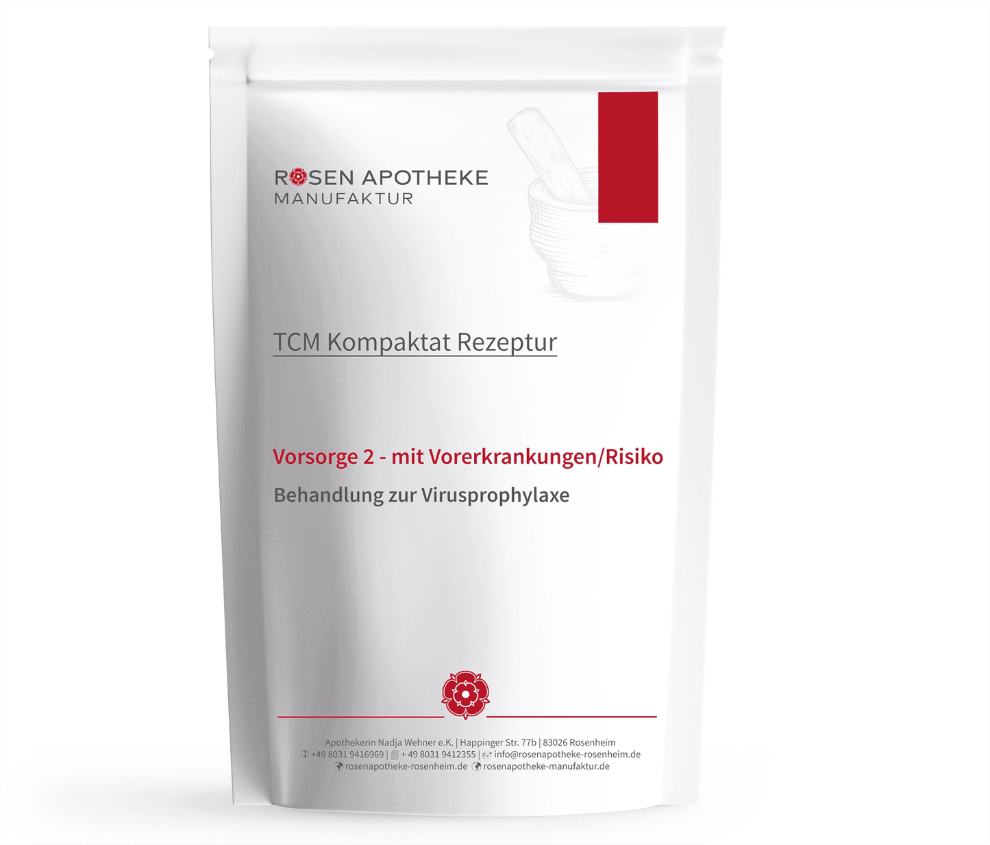 Eine Tüte Vorsorge 2 – mit Vorerkrankungen/Risiko der Rosen Apotheke Manufaktur mit weißem Etikett darauf.
