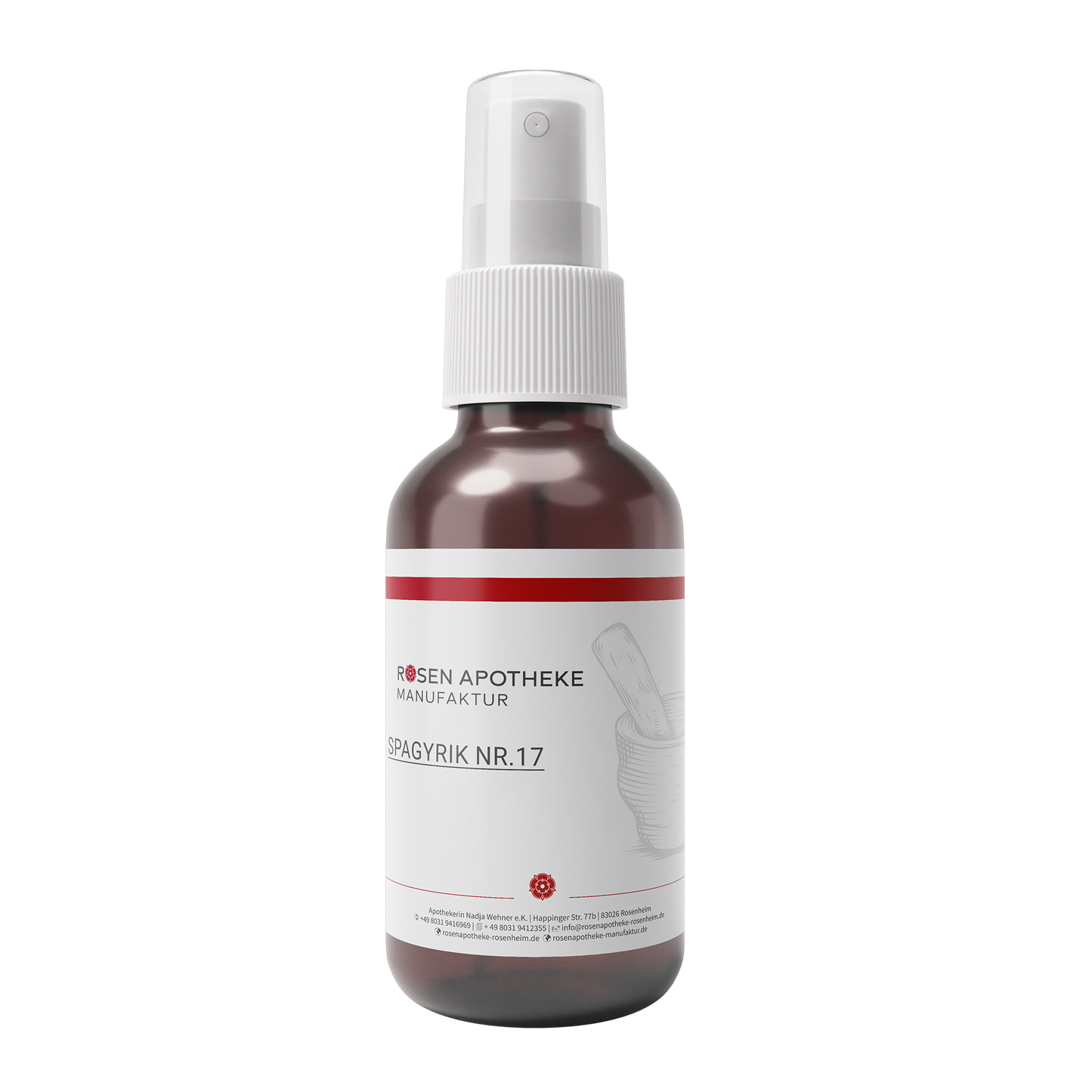 Eine Sprühflasche der Rosen Apotheke Manufaktur mit dem Produkt Spagyrik Nr. 17 ist in Braun mit weißer Kappe und roten Akzenten erhältlich.