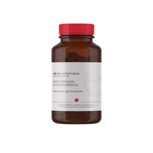 Eine Flasche Knorpelnahrung Chondroitin-Kapseln der Rosen Apotheke Manufaktur auf weißem Hintergrund.
