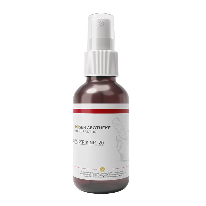 Eine Braunglas-Sprühflasche mit weißer Pumpe und Kappe, beschriftet mit "Rosen Apotheke Manufaktur Spagyrik Nr. 20", ideal zum Darmaufbau und zur Unterstützung bei Morbus Crohn oder Reizdarm, abgebildet auf einem schlichten weißen Hintergrund.